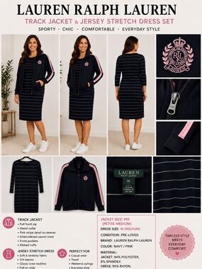 Lauren Ralph‎ Lauren Cowl Full Zip Sz Pet M & Thin Blk Whte Stripe dress Sz M